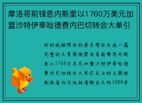 摩洛哥前锋恩内斯里以1760万美元加盟沙特伊蒂哈德费内巴切转会大单引关注