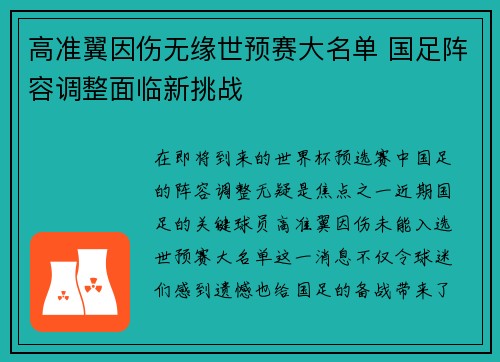 高准翼因伤无缘世预赛大名单 国足阵容调整面临新挑战 高准翼因伤无缘世预赛大名单 国足阵容调整面临新挑战